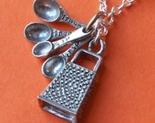 Loves to Cook Pewter Charm Necklace with Mini Cheese Grater Tiny Measuring Spoons and silver plated chain