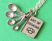 Love to be in the Kitchen Charm Necklace with tiny cookbook mini measuring spoons and silver chain