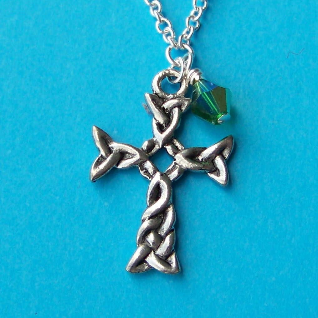 Beautiful Pewter Cross Charm Necklace - with green crystal bead and silver chain