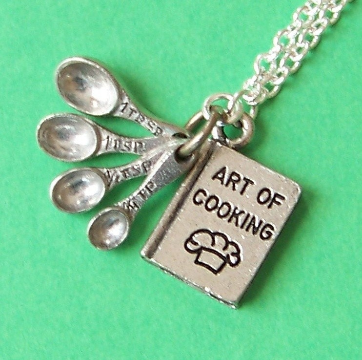 Love to be in the Kitchen Charm Necklace with tiny cookbook mini measuring spoons and silver chain