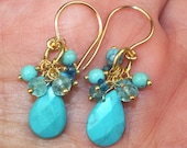 Turquoise Beaded Cluster Earrings Gold Filled Wire Wrapped Multi Gemstone