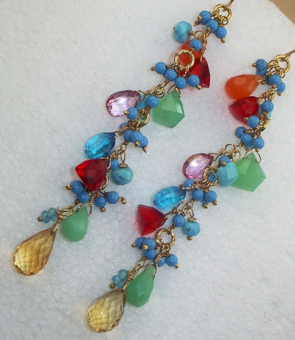 ON SALE - 30% off - Multicolor Gemstone Long Beaded Spring Earrings Wire Wrapped Dangle Earrings Summer Fashion