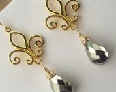 Pyrite Fleur de Lis Earrings Wire Wrapped Gemstone Gold Vermeil Chandelier Dangle Earrings
