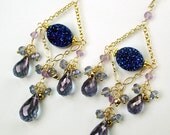 ON SALE 25% off - Blue Titanium Druzy Chandelier Earrings 14kt Gold Filled Chain Blue Violet Denim Quartz Wire Wrapped Spring Fashion