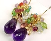 Wire Wrapped Gemstone Earrings Cluster Amethyst Peridot Dangling Earrings Multicolor 14k Gold Fill Multicolor Gemstone - Emily
