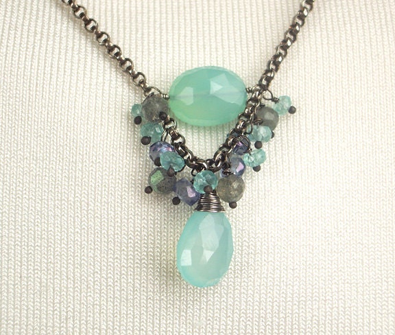 Aqua Chalcedony Necklace Wire Wrapped Oxidized Silver Chain Cluster Dangle Labradorite
