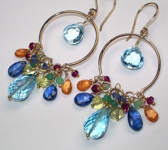 Gemstone Jewelry Gold Hoop Long Chandelier Earrings 14k Gold Filled Wire Wrapped Blue Topaz Multicolor Gemstone Handmade Long Luxury