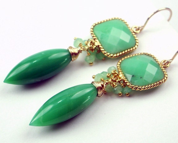 Chrysoprase Earrings Wire Wrapped Green Gemstone Handmade 14kt Gold Filled Earrings Luxury Fall Fashion