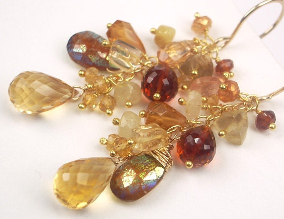 Citrine Long Dangle Earrings Gold Gemstones Wire Wrapped Imperial Topaz Luxury Fall Fashion November Birthstone