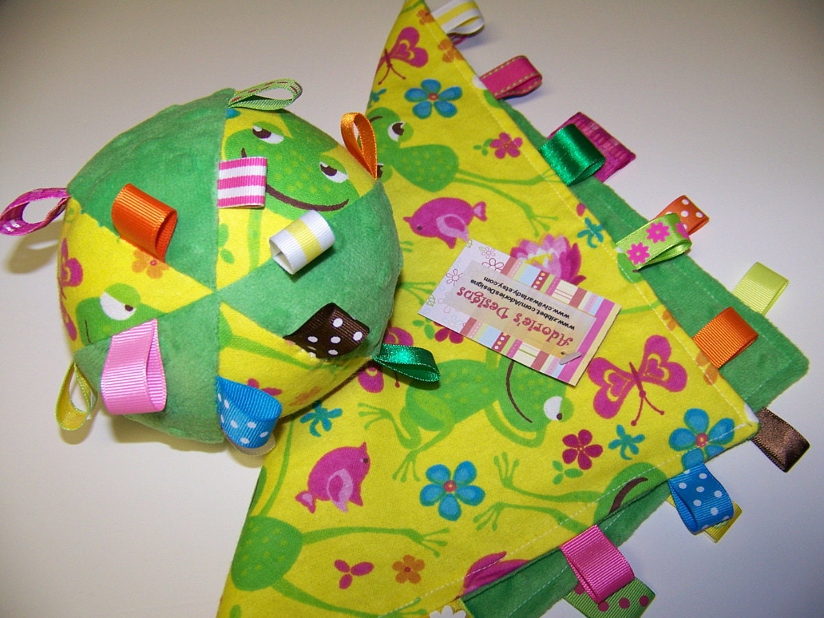 Taggie Ball with rattle & Minky Blanket Green,Frog,butterflies and flowers SALE, Great Easter Gifts