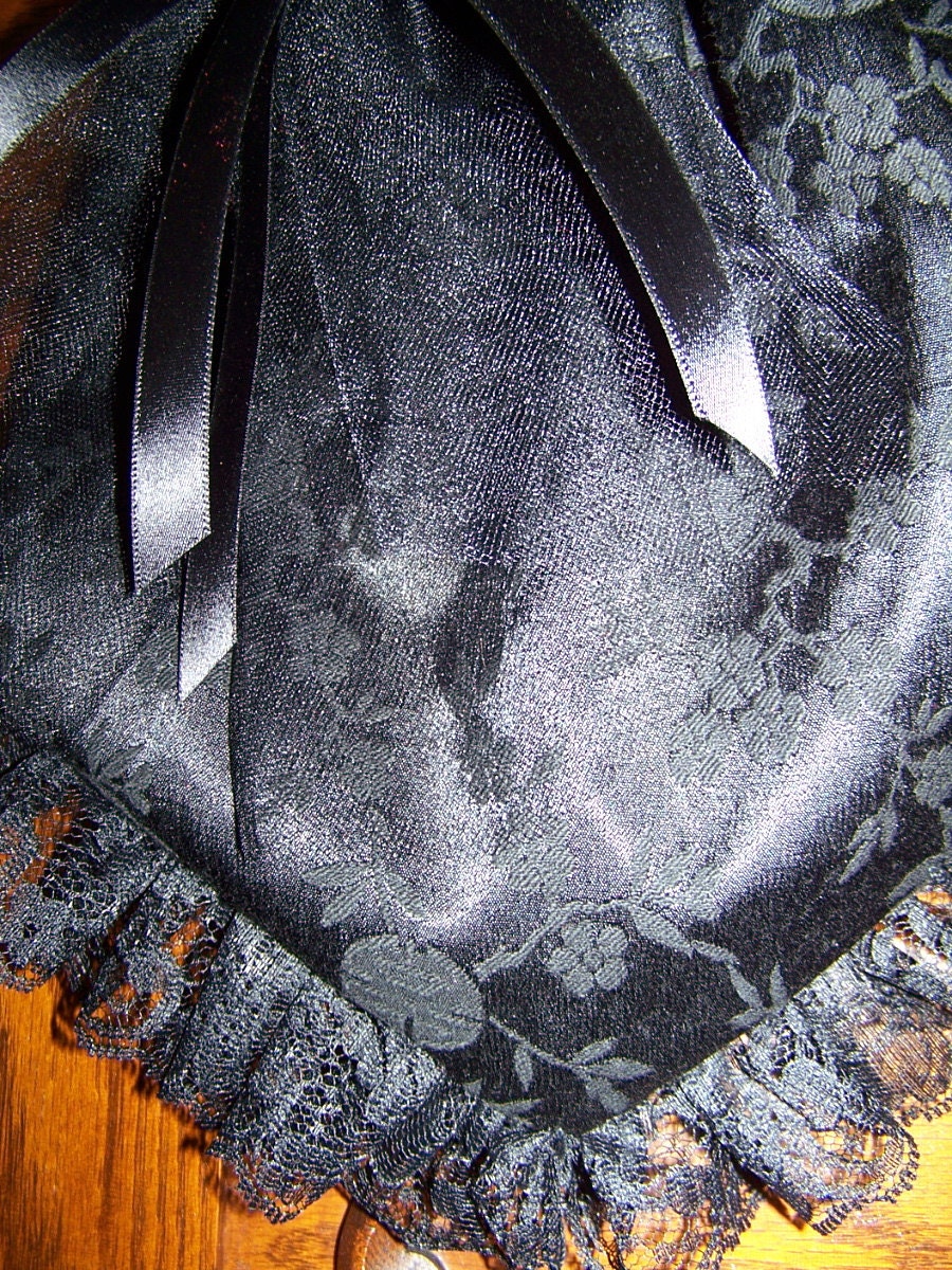 Ladies Civil War Hat Victorian,Black teardrop Brocade with Black Satin ruffle costume