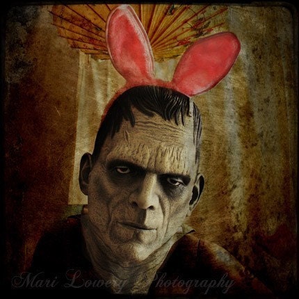 Halloween Decoration, Frankenstein in Pink Bunny Ears Photography Print, Son of Frankenbunny, Black Friday Etsy, Cyber Monday Etsy