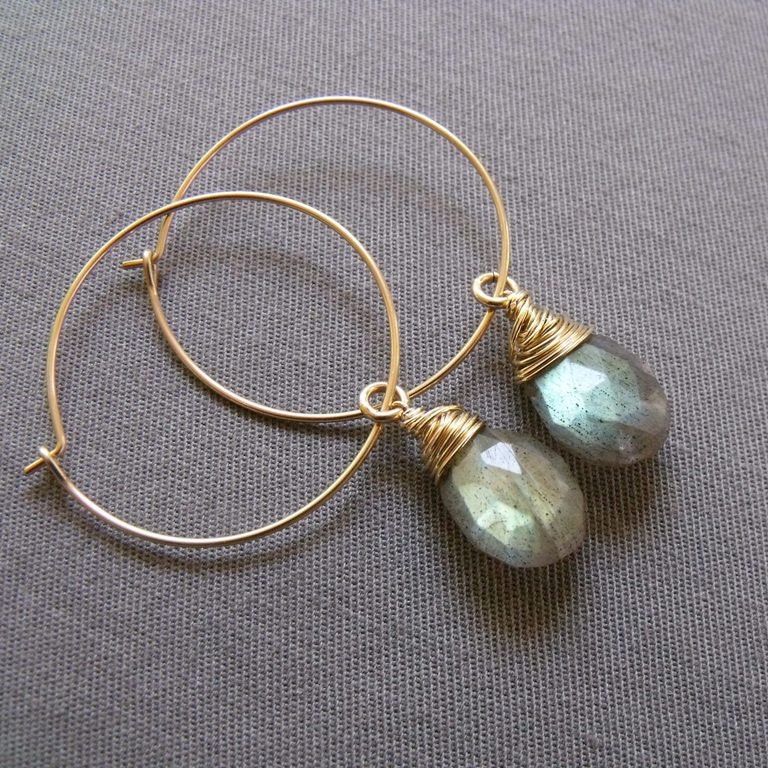 Flashes of Blue Earrings with Labradirite Faceted Teardrop and 14 Karat Gold Filled Wire Hoops