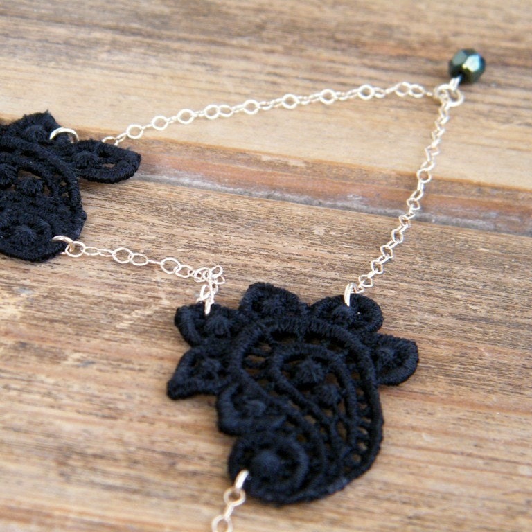 Romantic Black Lace Necklace with Crystal Bead and Sterling Silver chain - Last One