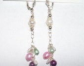 elegant sterling silver wired and beaded white, pink, green and purple fresh water pearl earrings