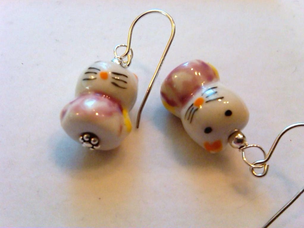 Sterling Silver Wired Porcelain Pink Kitty earrings