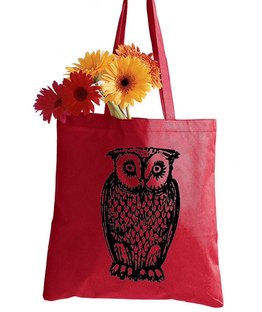Owl Tote Bag, Owl Canvas Book Bag,  Red Tote Bag, Grocery Bag