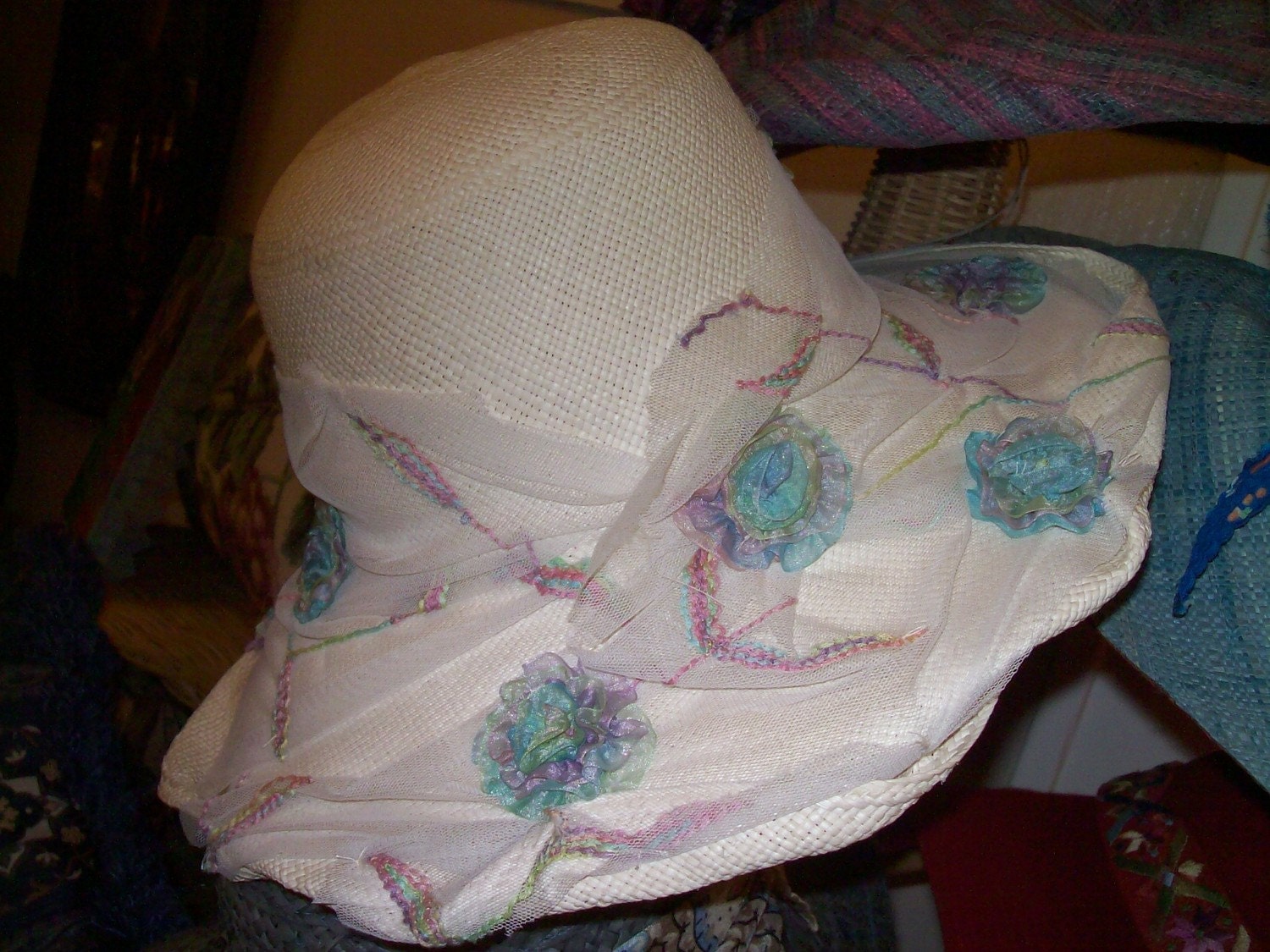 White Straw w/ Pastel Flowers and Embroidered Leaves