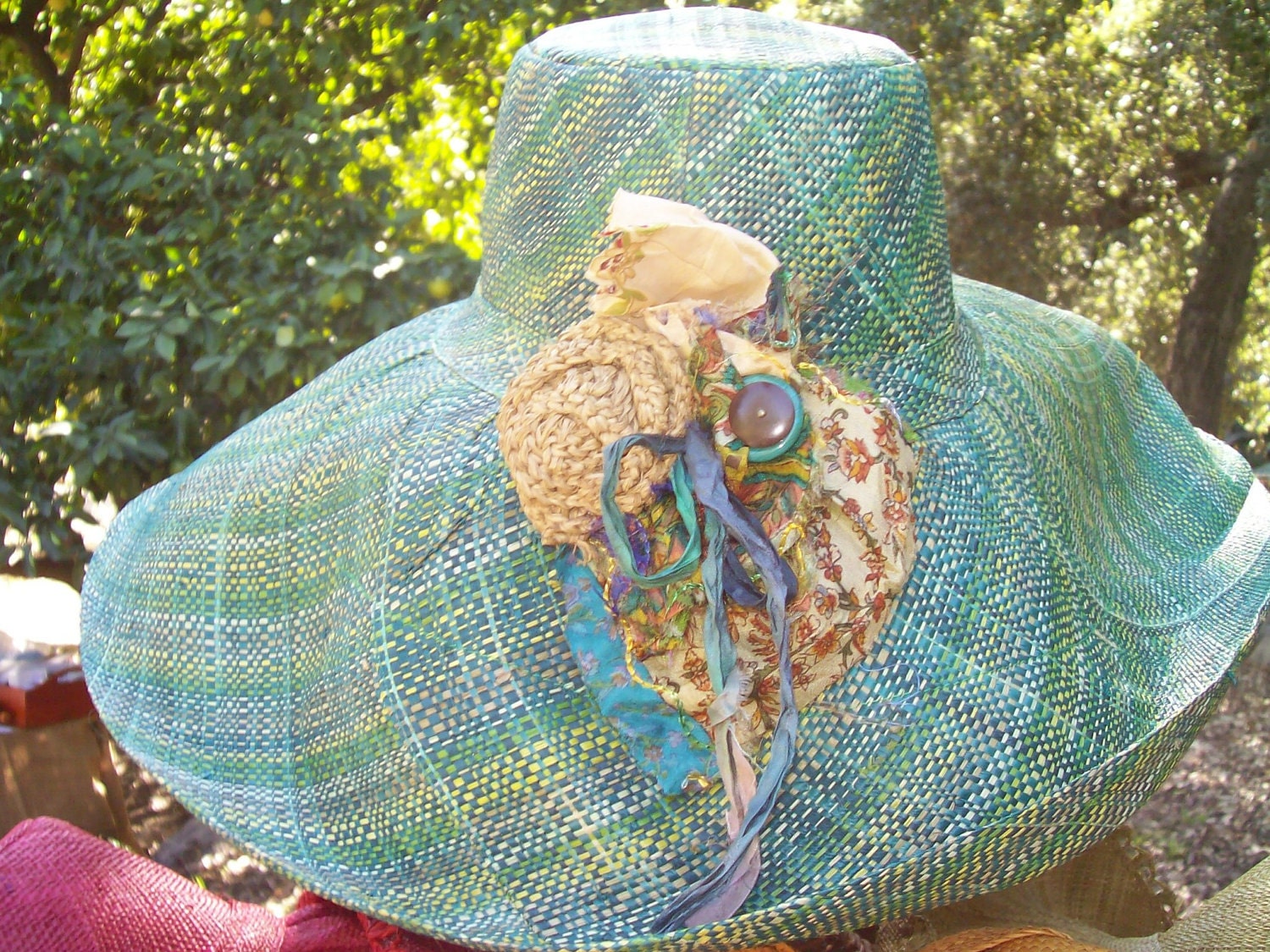 Jade Green Plaid Mix Wide Brim  Hat w/one of kind flower corsage