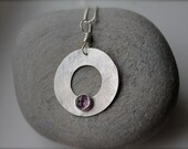 Amethyst sterling silver Necklace. Large circle hoop textured Pendant. Faceted amethyst. Rose cut. satin finish.