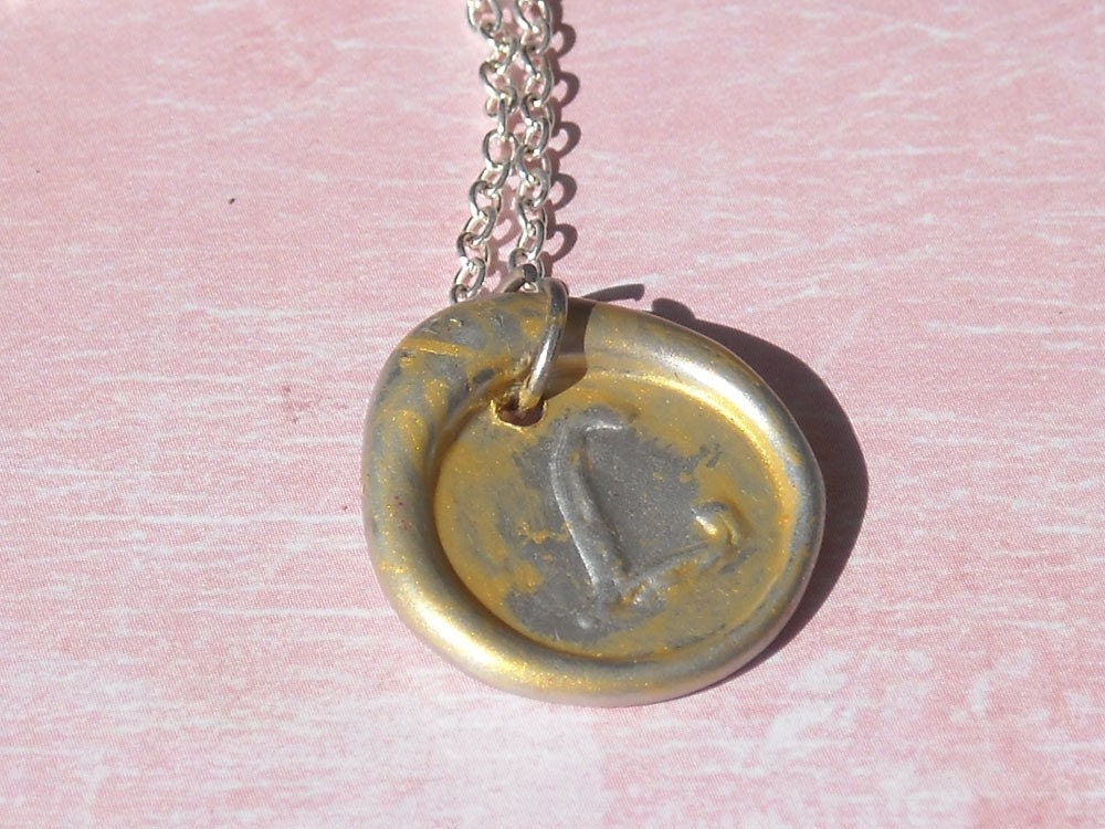 Inca Gold Wax seal pendant You choose the initial A-Z  Sterling Silver ChainFree shipping By 4 get the 5th free.