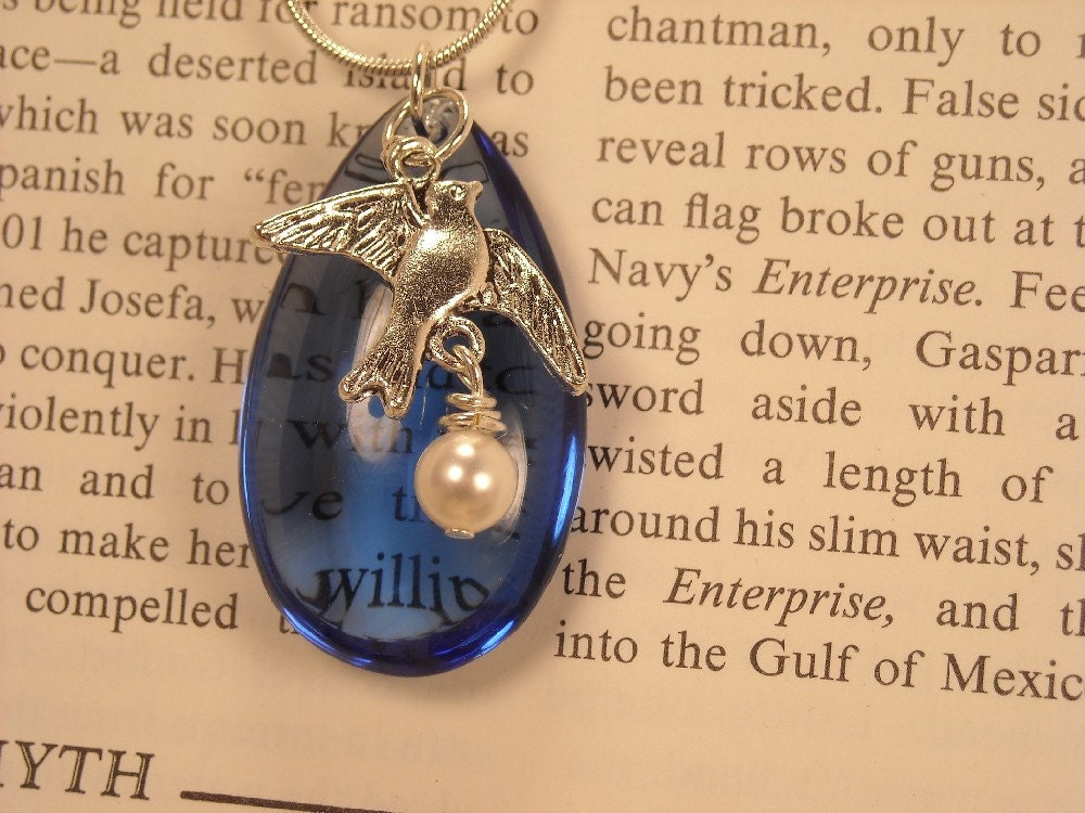 Silver bird with blue tear drop bead necklace