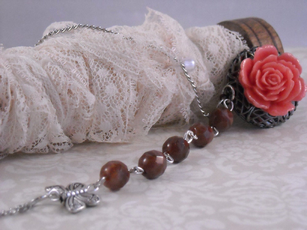Perfume Locket with Coral Rose and Butterflys