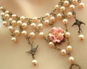 Swarovski Peach Pearl Necklace with Blush Pink Rose and Antiqued Brass Charms
