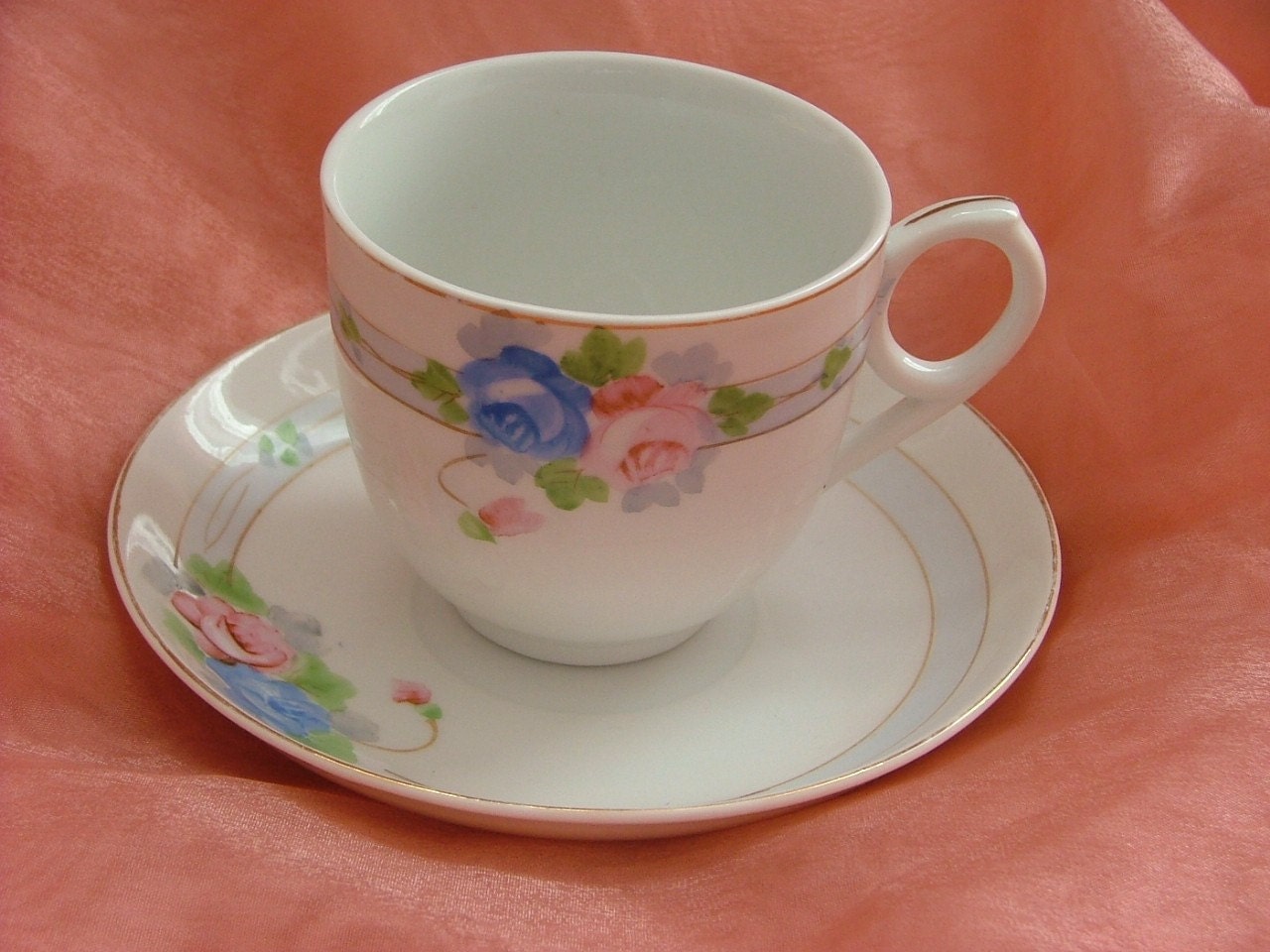 TEACUP and SAUCER Pink and Blue Roses MEITO China Hand Painted