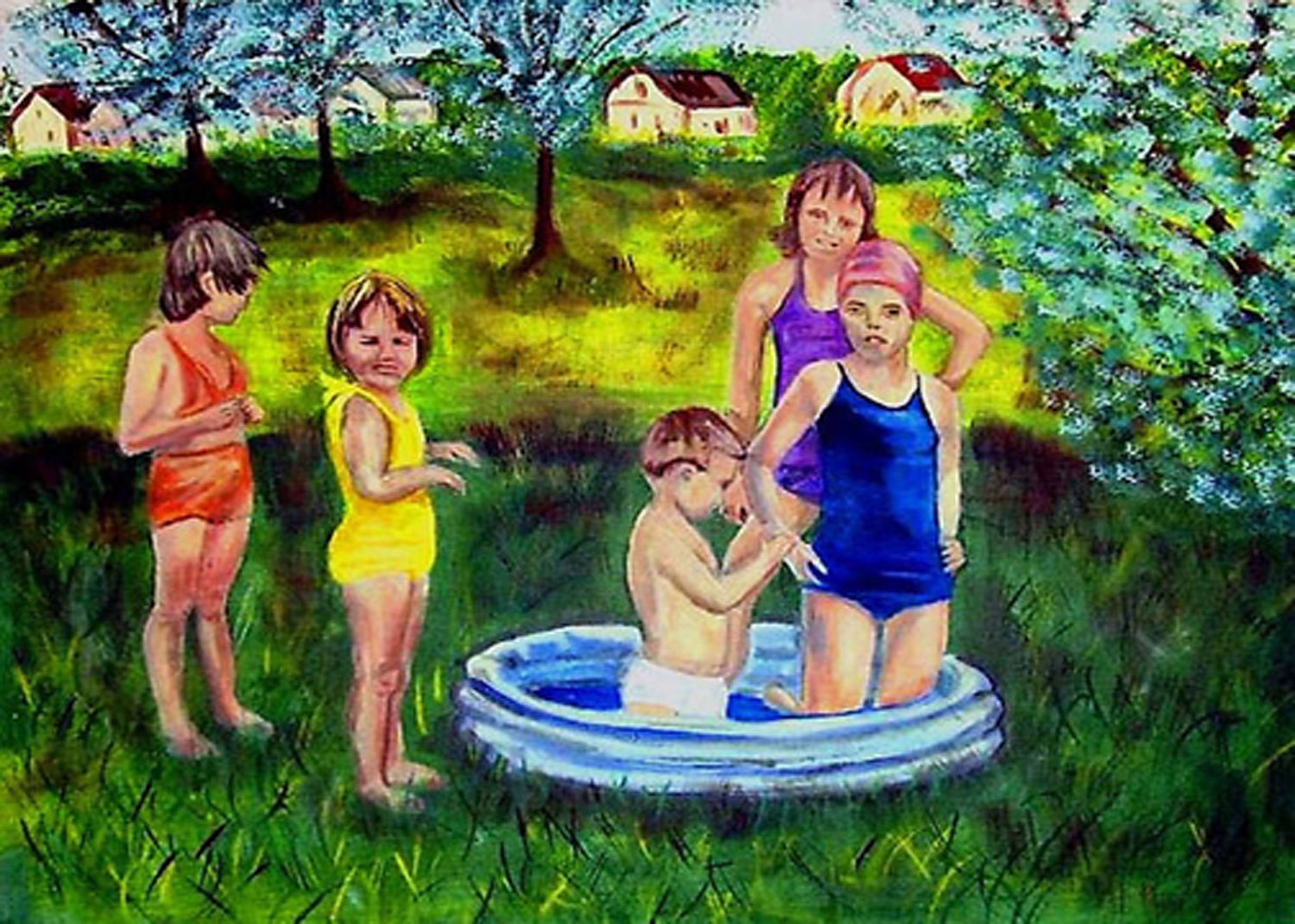 Greeting Card Pool Party Summer Landscape Art Reproduction Original Acrylic Painting