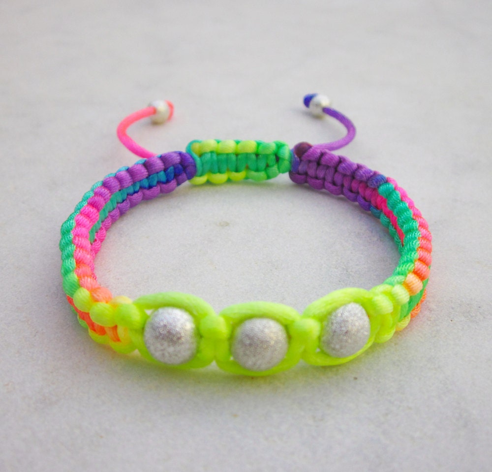 Friendship bracelet neon rainbow bracelet fluo silver bead bracelet ombre stack jewelry summer