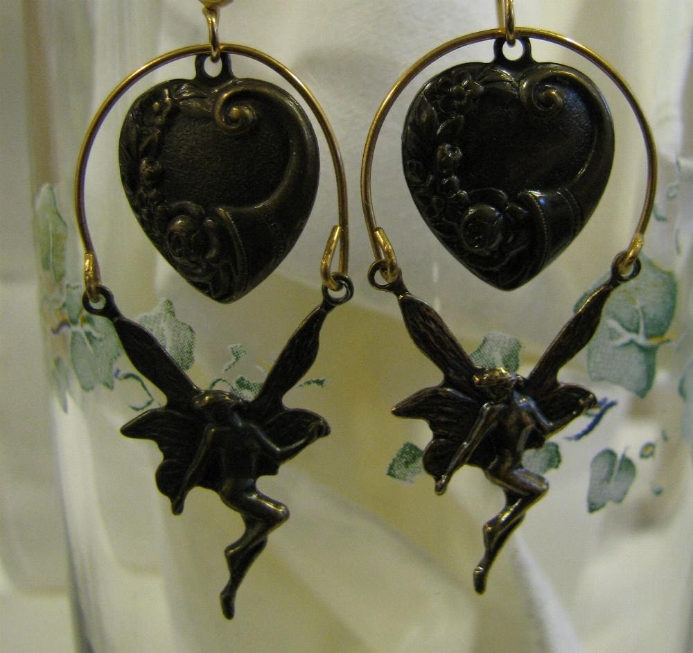 Brass Fairy Heart Earrings