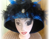 Hat Derby Victorian Edwardian style Saloon style feathers blue