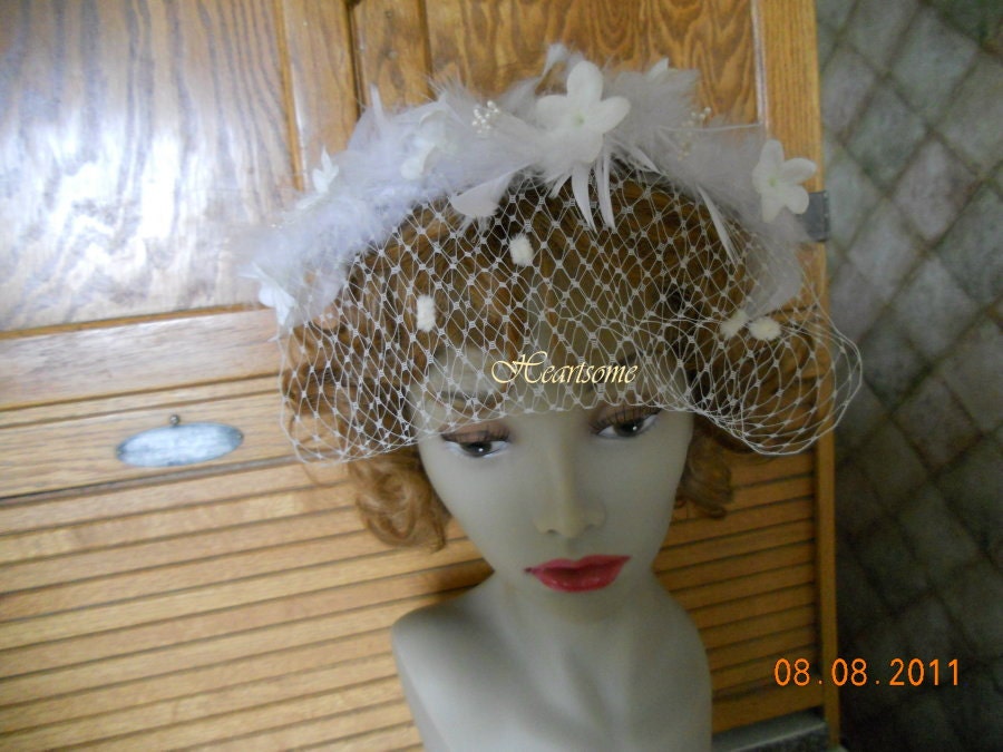 headband blusher veil feathers bride wedding angel feathers stephanotis CLEARANCE