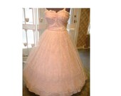 Stunning 50's formal dress pink scalloped hem net leaves SALE