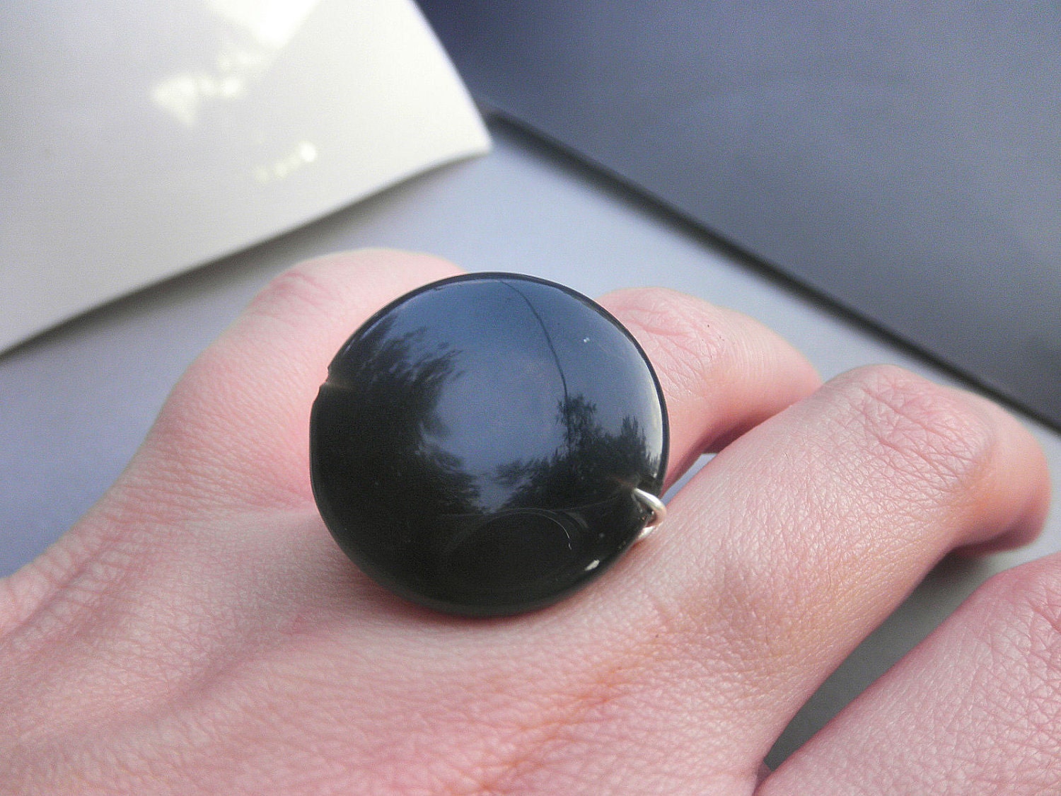Wire Wrapped Ring- Custom Size  - Black Glass Disc - Simple, Elegant, Flat, Round, Faceted, Big, Heavy, Feminine, Onyx, Silver