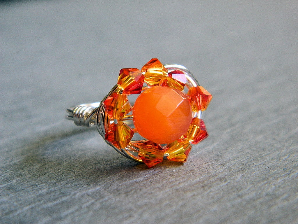 Wire Wrapped Ring - Size 6.25 - Swarovski Crystals - Orange, Fire, Sun, Copper, Silver, Bright,  Night,