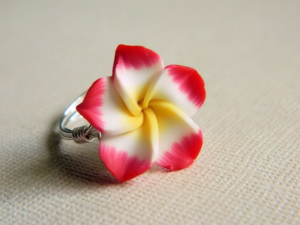 Polymer Clay Rose Ring - Size 7 - Flower, White, Red, Yellow, Summer, Fresh, Bridesmaids, Medium Ring, Cute, Pretty, Feminine, Delicate