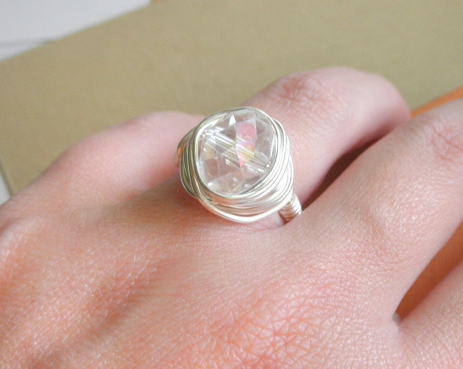Wire Wrapped Ring - Size 5.5 - Clear Stone, Transparent, Wedding, Handmade, Cute, Simple, Nice, Bride, White, Lovely