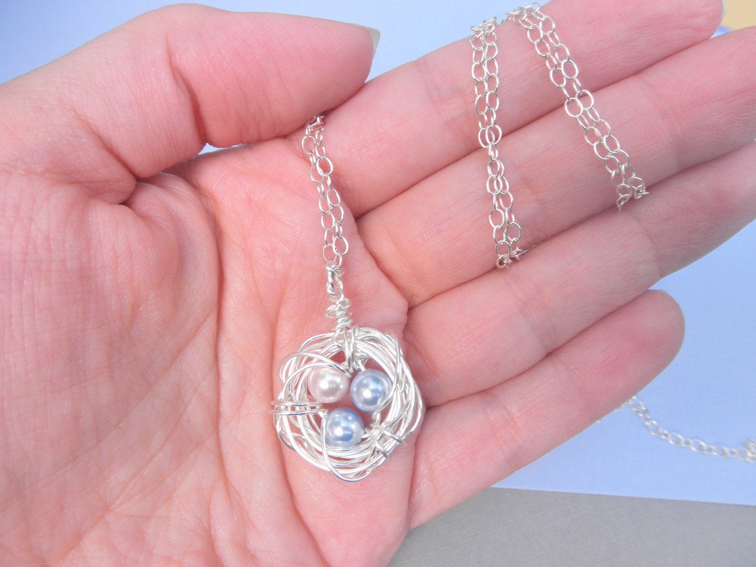 Three Child Bird's Nest Necklace -- Three Kids, Pearls, Blue, Baby Blue, Pink, Pastel, Easter, Egg, Sister, Brother, Mother's Day