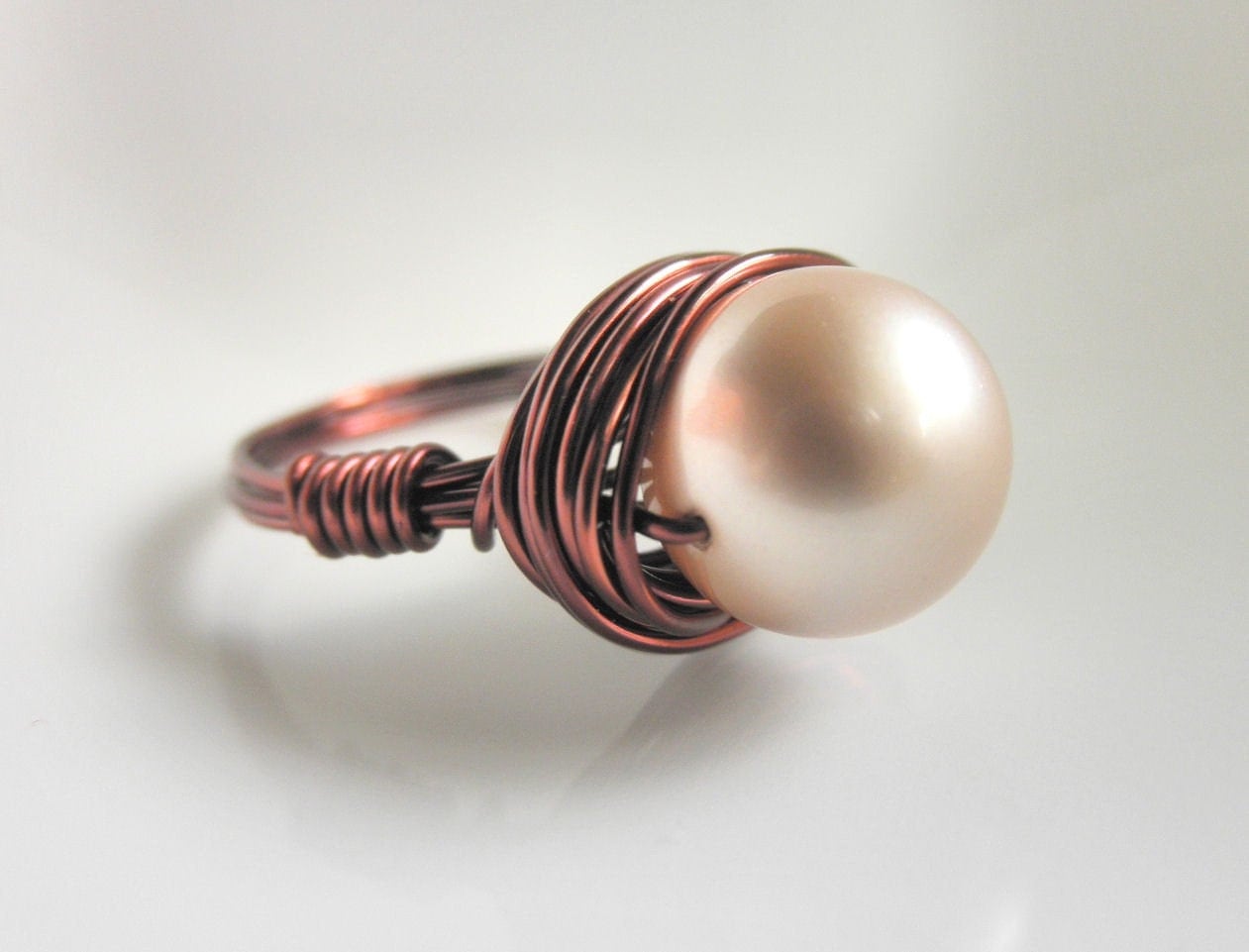 Handmade Rings on Handmade Rings   To Order   Swarovski Pearl   Brown Wire   Bronze