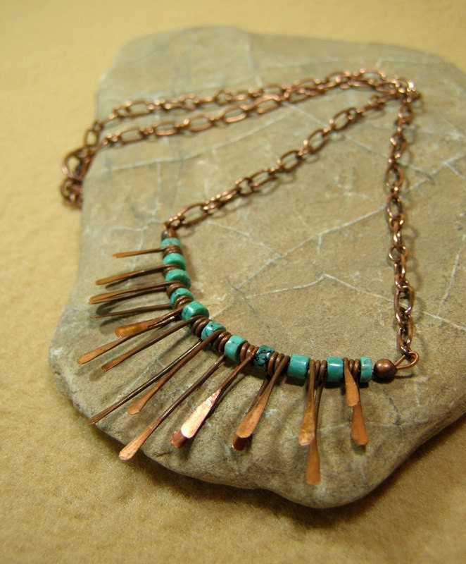 Turquoise Necklace - Beaded Necklace - Bead Choker - Tribal Jewelry - Native Necklace - Copper Fringe Metalwork