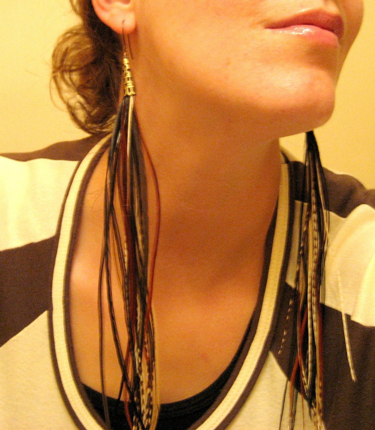 Sonora Feather Earrings - very long feather extensions with all natural grizzly, ginger, black and furnace brown feathers