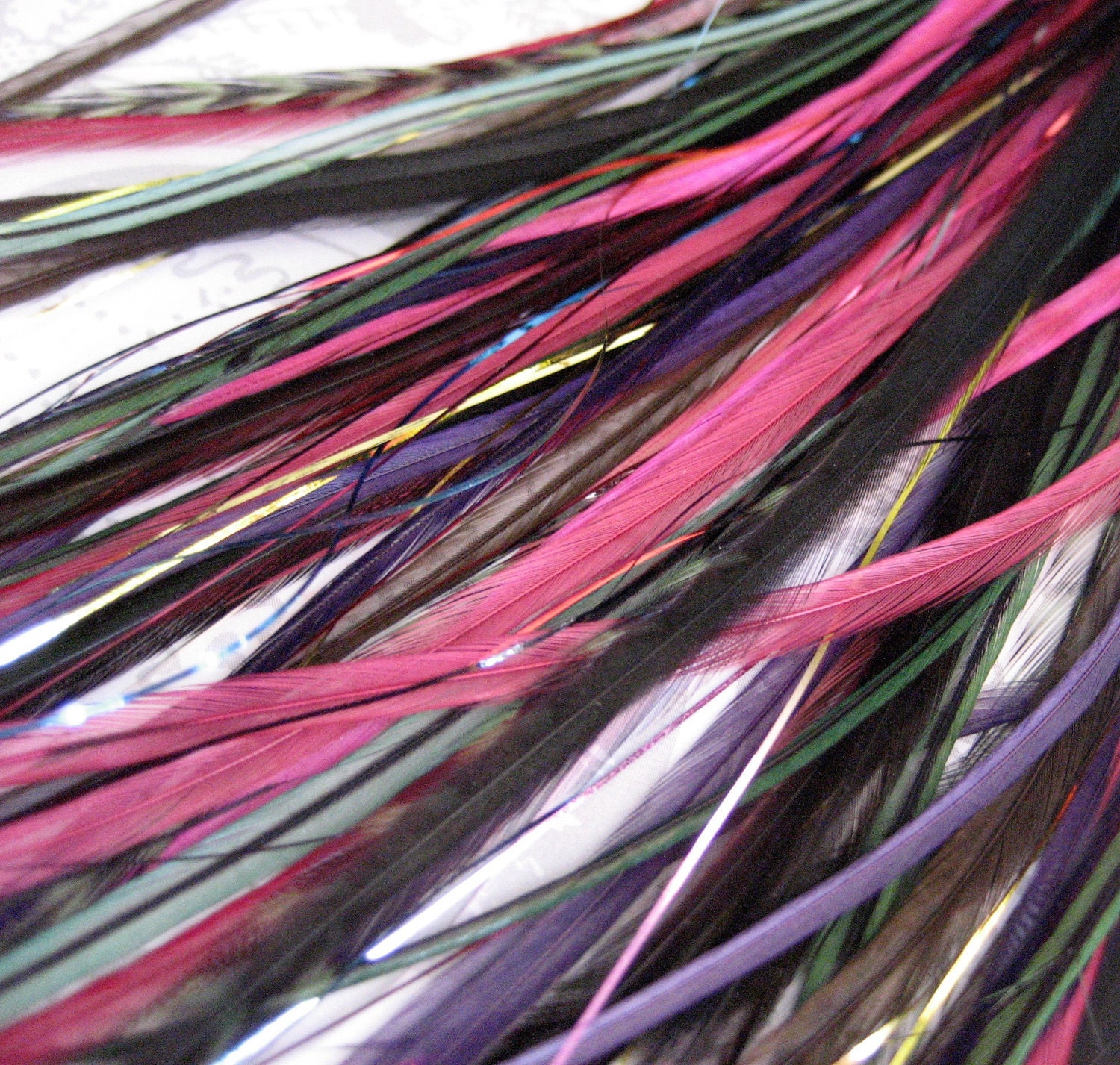 Watermelon Sugar Collection - 6 Feather Hair Extensions, 3 Rainbow Hair Tinsel and 4 FREE Micro Beads, Medium Long Length (7-13 inches)