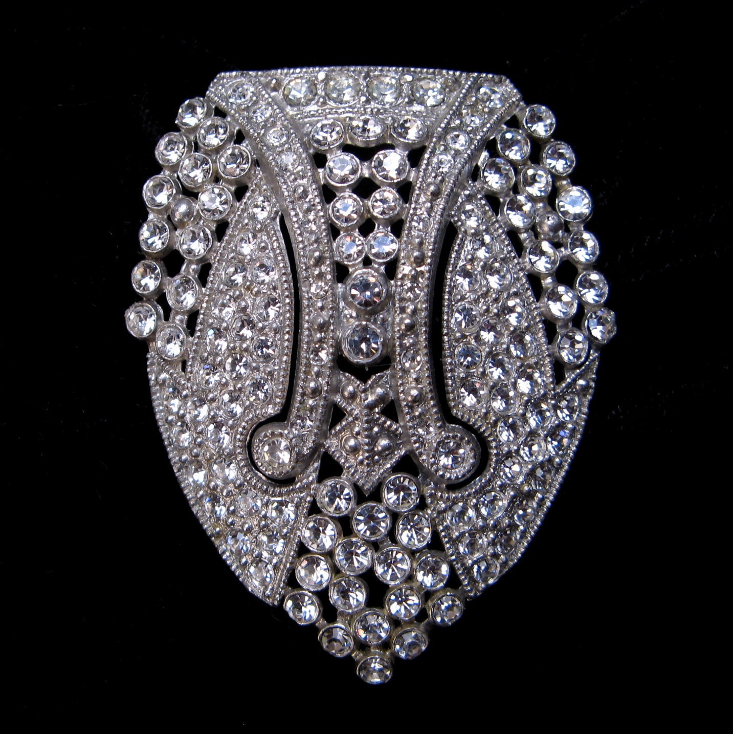 Vintage Rhinestone Paste DRESS CLIP Art DECO 1920s 1930s Wear Rhodium Brooch Jewelry Restored Holiday Gift
