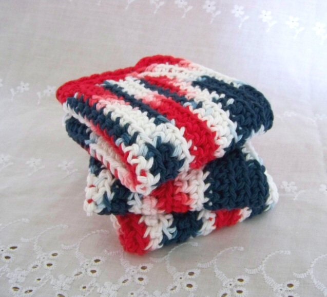 Wash Cloths, Dish Cloths, Cotton - Red, White and Blue - Crocheted 3 Piece Set "Americana"