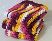 Wash Cloths, Dish Cloths, Cotton - Plum Purple, Fuschia, Orange, White - Crocheted 3 Piece Set "Fall's Majesty"