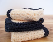 Wash Cloths, Dish Cloths, Cotton - Ivory with Navy Blue Borders - Crocheted 3 Piece Set