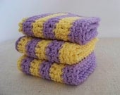 Wash Cloths, Dish Cloths, Cotton - Lavender and Lemon Stripes - Purple and Yellow - Crocheted 3 Piece Set