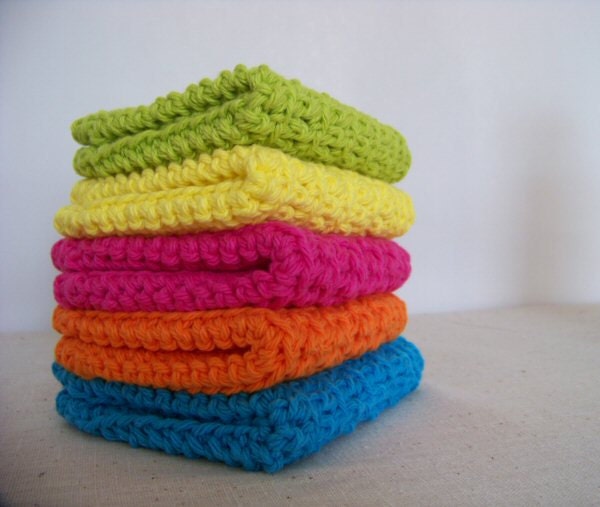 Wash Cloths, Dish Cloths, Cotton - Neon Solids: Tangerine Orange, Pink, Blue, Lime Green, Yellow. Set of 5